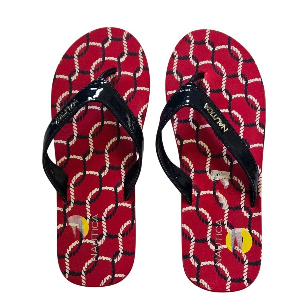 NWOT Nautica Red Rope Print Flip‎ Flop Sandals Black Patent Womens